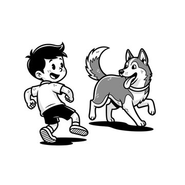 Boy and dog running together outside.