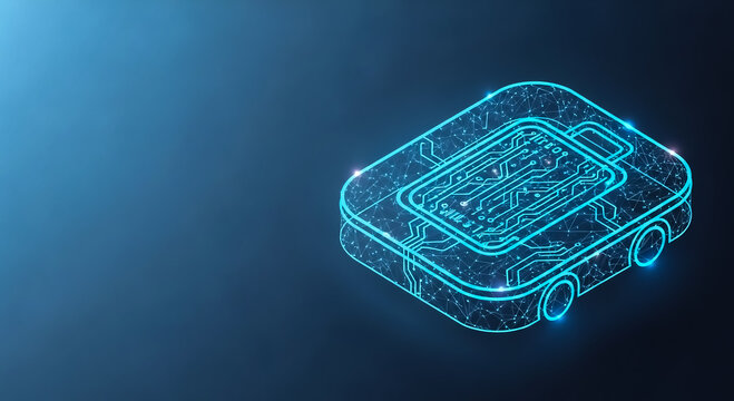 A sleek, modern self-driving car rendered in a 3D digital style with glowing circuits and a futuristic aesthetic.