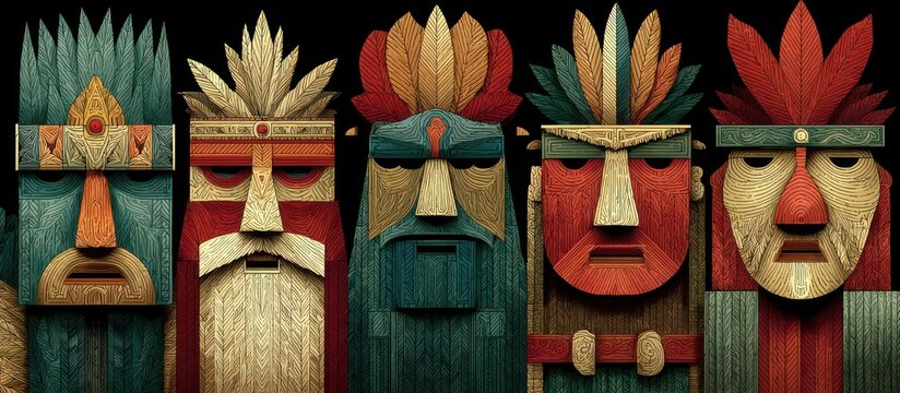 Stylized wooden totem faces with feathered headdresses against a black background