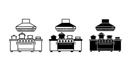 Naklejka premium Kitchen Appliances Vector Set: Range Hoods, Stoves, Pots, and Cabinets in Black and White Line Art Styles for Culinary Design