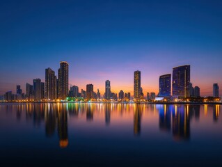 Naklejka premium Modern city skyline at twilight reflected in calm water for metropolitan travel advertising, urban development background and architectural website banner