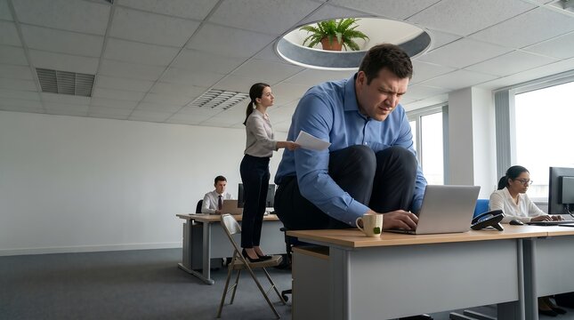 Man crouches on a desk with a laptop while a fern in a pot floats in the office ceiling