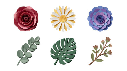 Detailed papercraft floral elements with purple flower and leaves © HOAI PHAM