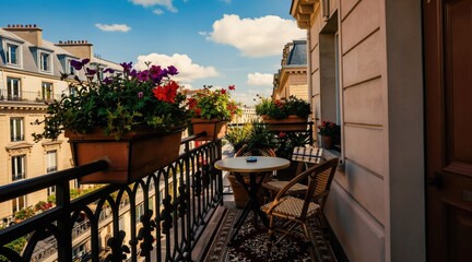 Obraz premium Terrace with table chairs plants overlooking Parisian buildings. Balcony view with flowers sky. Sunny day cafe atmosphere outdoors. Parisian balcony cafe furniture with plants and sky view.