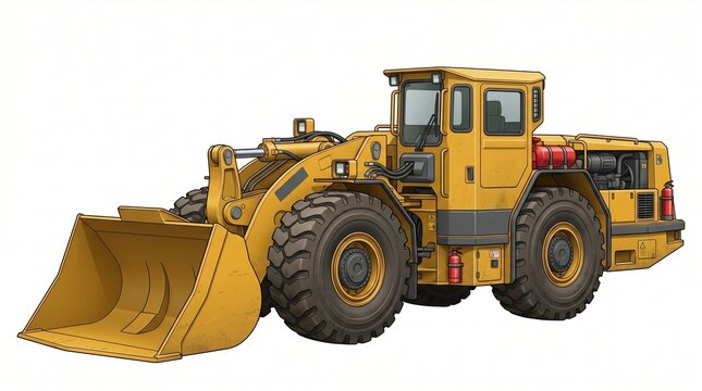 Heavy Duty Yellow Front End Loader Construction Vehicle Isolated on White Background for Industrial Site Work and Excavation Projects