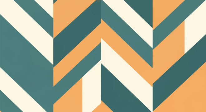 Seamless geometric pattern featuring diagonal stripes in teal, orange, and cream colors. Modern abstract graphic design with flat overlapping rectangular shapes and blocks.