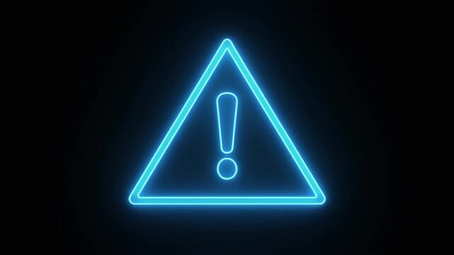 Glowing blue neon triangle with exclamation mark, symbolizing caution, alert, and futuristic digital warning signal.