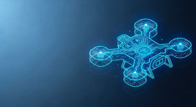 A digital rendering of an advanced drone with sleek design and glowing blue lights, set against a dark gradient background.