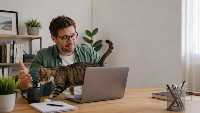 Man working from home with curious cat on desk interacting with laptop