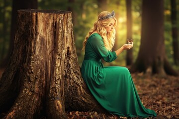 Obraz premium Young woman with blonde hair wears a green dress and crown. She sits by a tree stump in a sunlit forest holding a butterfly on her hand. Fantasy forest scene with a fairy tale mood.
