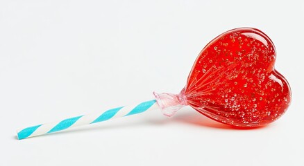 Fototapeta premium A single red heart-shaped lollipop with a blue and white striped stick on a white background.