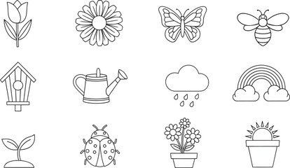 Fototapeta premium Set of hand drawn spring nature icons including flowers butterfly bee and garden elements