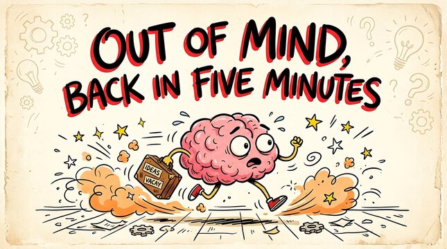 Out of Mind, Back in Five Minutes: A cartoon brain character, looking stressed, runs with a briefcase, as if escaping a situation, with the text OUT OF MIND.