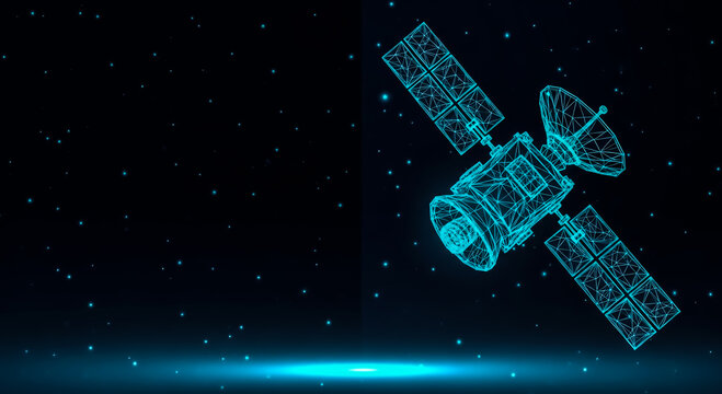 Illustration of a satellite in space with solar panels and antennas, orbiting above Earth's atmosphere.