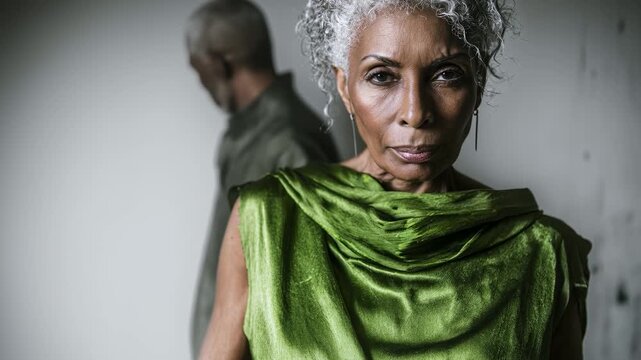 Stylish senior African American couple posing indoors. Elegant mature woman with gray hair looks at camera. Retired models, fashion photoshoot, strong emotions. Authentic representation of age.