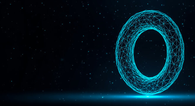 A 3D rendered glowing ring with intricate polygonal design floating in a dark space background.