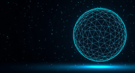 Obraz premium A glowing digital globe with geometric patterns floating in a dark space with stars and light beams.