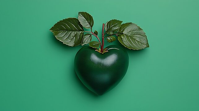 Dark Green Heart Shaped Fruit with Dewy Leaves on Green Background