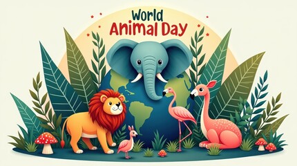 Naklejka premium World Animal Day celebration design featuring a cute lion elephant flamingo and jungle leaves in a colorful illustration
