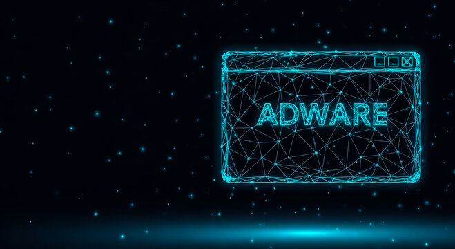 A glowing adware warning displayed on a digital wireframe interface against a dark, starry background.