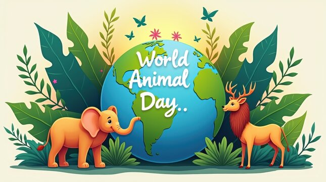 World Animal Day celebration illustration with cute elephant and deer standing in front of a colorful planet earth globe