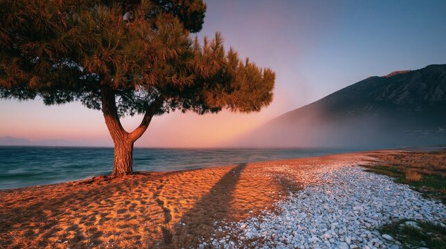 Dramatic pine tree casting long shadows on a pebble beach at golden hour for travel magazine covers, coastal villa advertising and nature website backgrounds