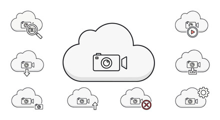 Fototapeta premium Cloud Storage Icons: Video Camera, Upload, Download, Search, Play, Settings