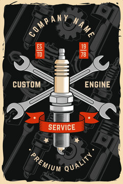 Vintage Spark Plug Auto Service Poster with Crossed Wrenches and Retro Garage Badge Design. Automotive repair vector illustration for mechanic workshop decor, branding, apparel and print graphics.