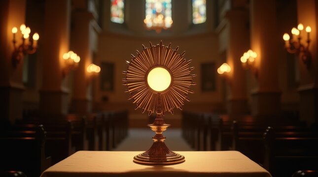 Catholic monstrance with blessed sacrament on a church altar with glowing candles in a dim religious setting