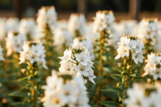 White cleome sparkler flowers grow on farm field. Closeup view of plant bloom in soft sunset light. Delicate petals, green stems and foliage.
