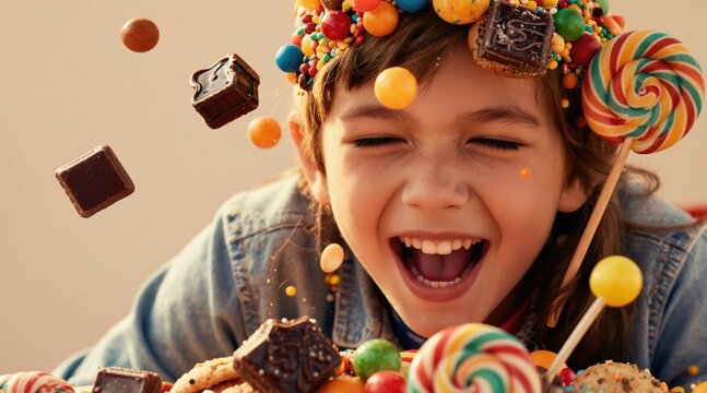 Joyful kid with sweet candies around. Young child laughs happily surrounded by lollipops, chocolates, cookies. Colorful sugar treats fly, create fun atmosphere for childs party celebration.