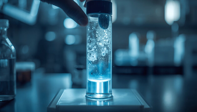TLC plate placed in a glass developing chamber with solvent, solvent front rising, spots separating, lab bench bright light, thin‑layer chromatography