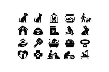 Obraz premium Black pet icons set with dogs, cats, birds and pet care Vector