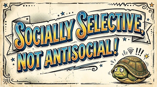 Socially Selective, Not Antisocial!: A humorous vintage-style illustration depicts a shy turtle alongside a banner proclaiming Socially Selective, Not Antisocial!.