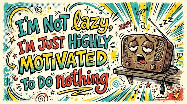 I'm Not Lazy, I'm Just Highly Motivated to Do Nothing: A whimsical illustration depicting a retro radio with a drowsy expression.