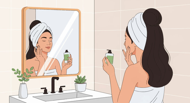 Flat vector illustration of a woman wearing a white headband and towel in a bathroom, applying natural skincare serum from a green bottle while looking at her reflection in a mirror.