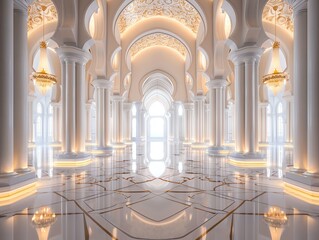 Fototapeta premium Beautiful mosque in Ramadan Kareem or Eid Al Fitr vibes. Islamic mosque architecture building concept by AI Generated 