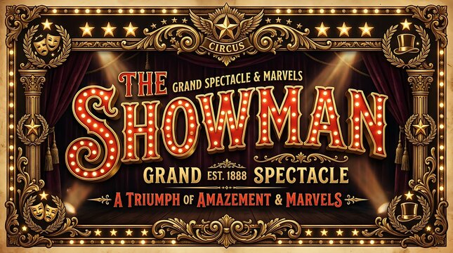 The Showman's Grand Spectacle: A vintage circus banner with ornate details and illuminated lettering invites viewers to a Triumph of Amazement & Marvels.