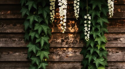 Fototapeta premium Green leaves, white flowers cascade down rustic wooden wall. Textured wood surface creates natural backdrop with dappled sunlight creating shadows. Botanical scene with plants in full bloom, ideal