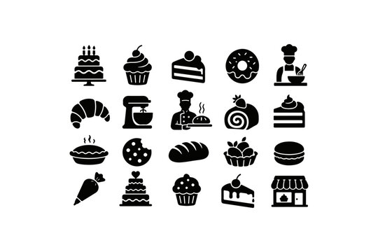Black bakery icons set including cakes, cupcakes, and chefs Vector