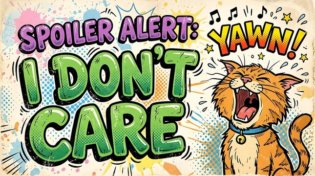 Sarcastic Cat's Declaration: A cartoon illustration of a grumpy orange cat yawning widely, conveying a message of indifference and a spoiler alert that the speaker doesn't care.