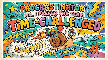 Obraz premium Procrastinator with Rocket Snail: A vibrant, colorful illustration of a snail with a rocket attached to its shell, zooming forward with the text TIME-CHALLENGED boldly displayed.