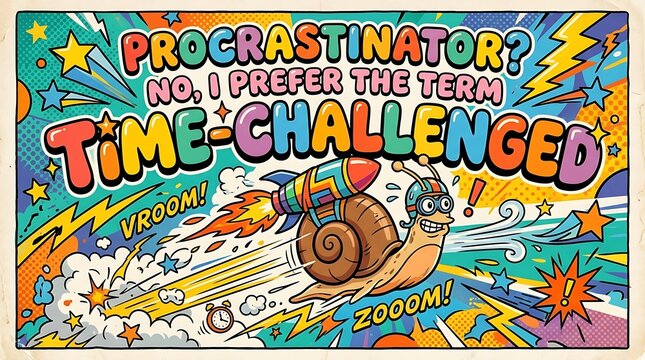 Procrastinator with Rocket Snail: A vibrant, colorful illustration of a snail with a rocket attached to its shell, zooming forward with the text TIME-CHALLENGED boldly displayed.