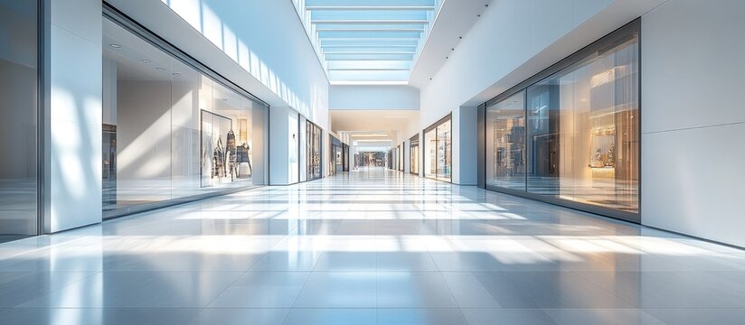 Modern Empty Commercial Shopping Mall Interior with Glass Storefronts and Bright Natural Light