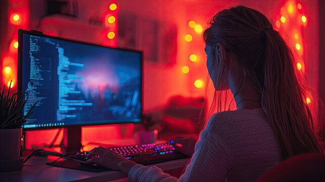 Young Woman Coding on Computer in Dark Room with Neon Red Lighting