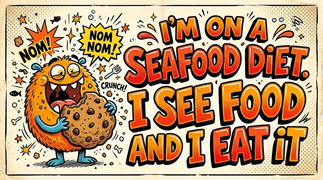 I'm On A Seafood Diet, I See Food And I Eat It: A whimsical cartoon monster with a voracious appetite devours a giant cookie, embodying a humorous take on the phrase I'm on a seafood diet.