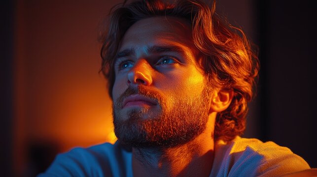 Young bearded man with intense gaze illuminated by warm orange and cool blue neon lighting