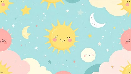 Fototapeta premium Soft celestial pattern with sun, moon, and pink clouds.