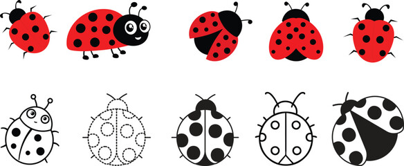 ladybug set. Vector dotted or polka dot pattern. Let spring begin. ladybug sign represents protection, resistance, luck and prosperity, but also symbol of senseless violence. on transparent background © MR Vector Store