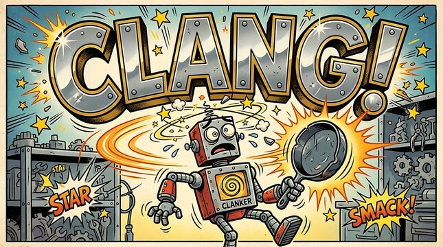 CLANG! Comic Robot Mishap: A vintage-style comic illustration depicts a distressed robot in a chaotic scene, surrounded by CLANG! sound effects, stars, and a frying pan.